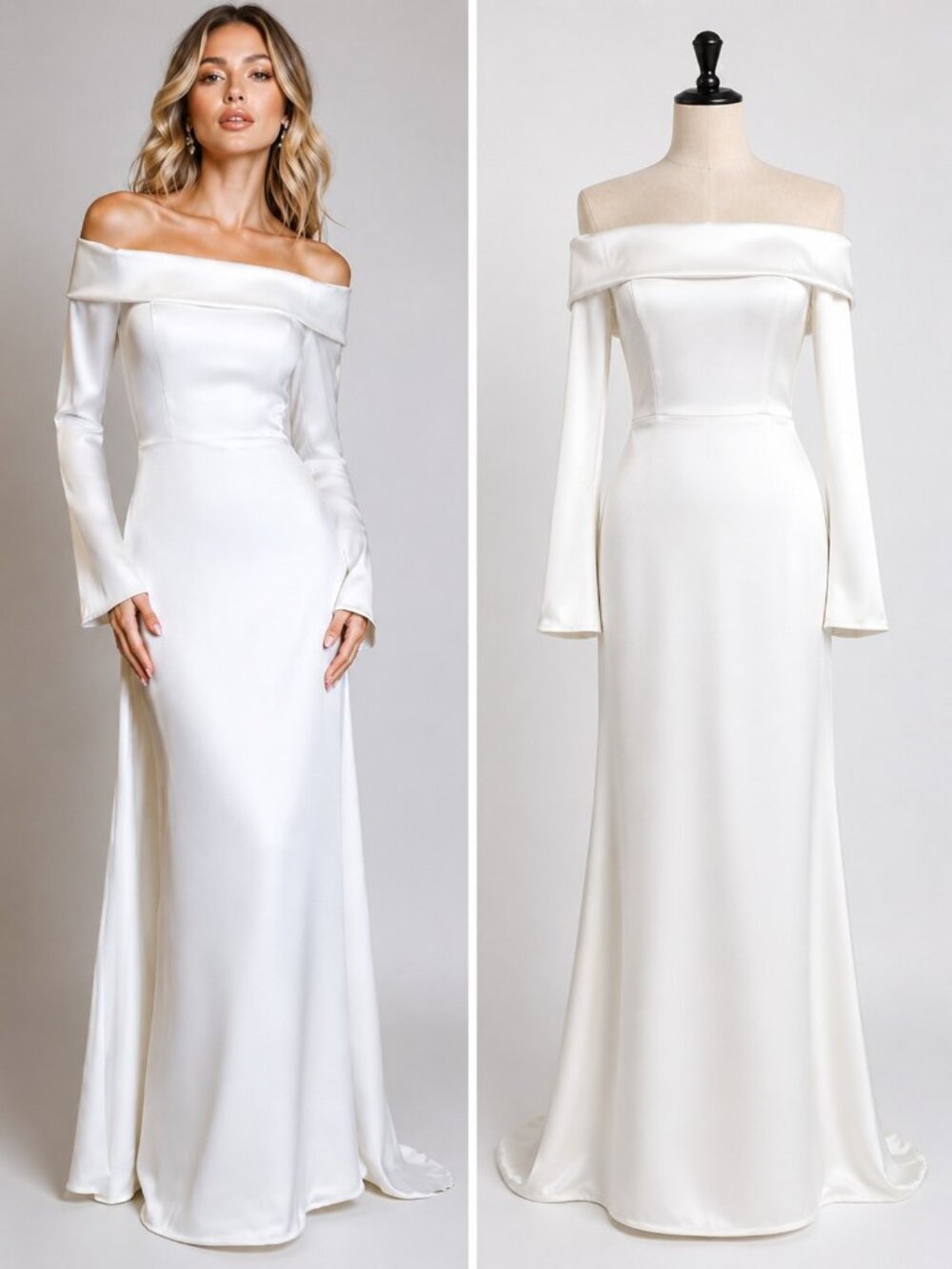 Lulus Saintclair Satin Off-Shoulder Maxi Wedding Dress White‎ NWT – Size M (6–8)